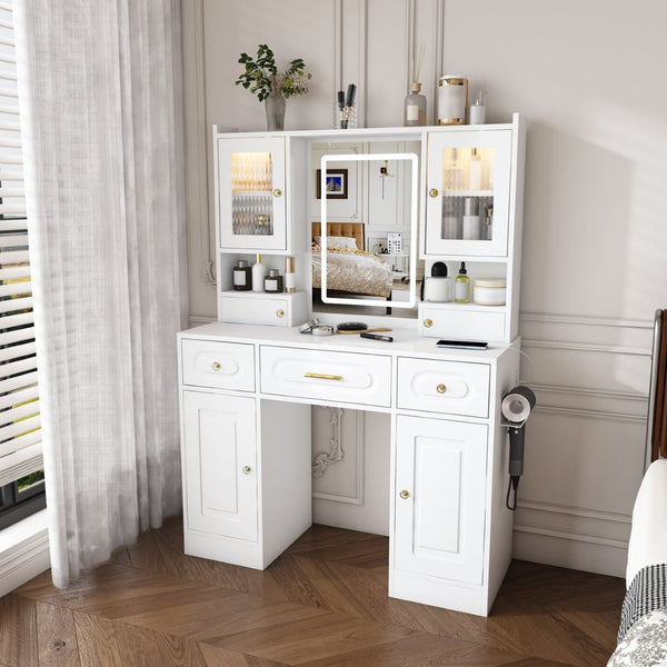 English Elm Large White Vanity Set with Lighted Mirror Six Drawers and Built-in Power Outlet W509P504747