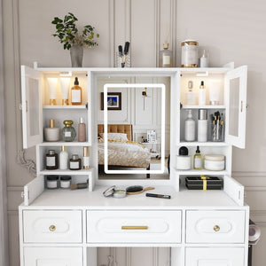English Elm Large White Vanity Set with Lighted Mirror Six Drawers and Built-in Power Outlet W509P504747
