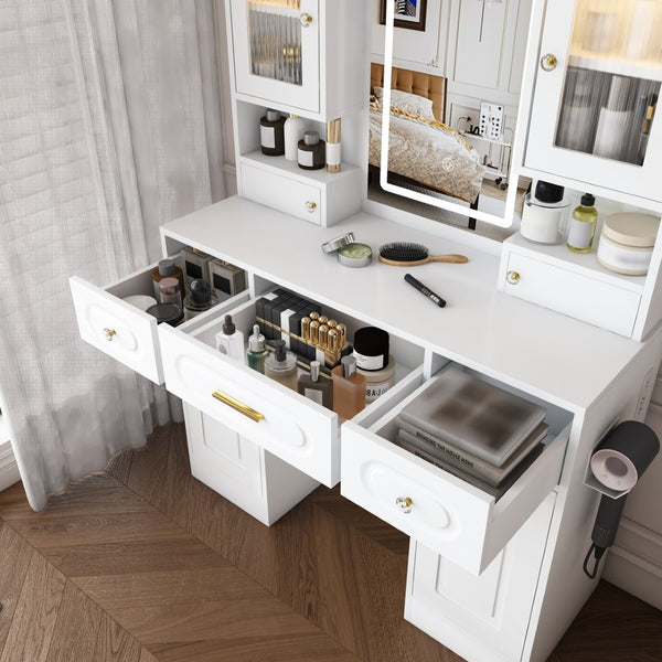 English Elm Large White Vanity Set with Lighted Mirror Six Drawers and Built-in Power Outlet W509P504747