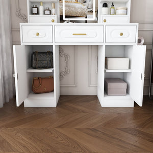 English Elm Large White Vanity Set with Lighted Mirror Six Drawers and Built-in Power Outlet W509P504747