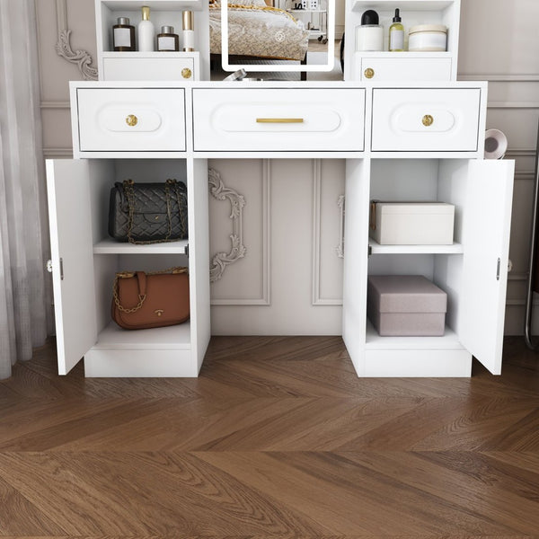 English Elm Large White Vanity Set with Lighted Mirror Six Drawers and Built-in Power Outlet W509P504747