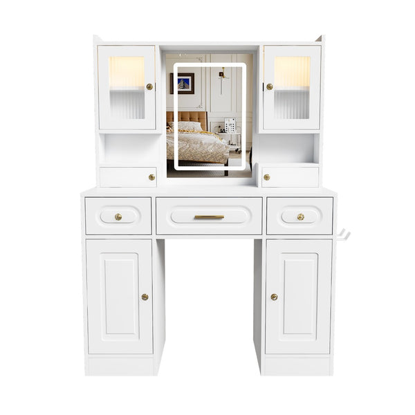 English Elm Large White Vanity Set with Lighted Mirror Six Drawers and Built-in Power Outlet W509P504747