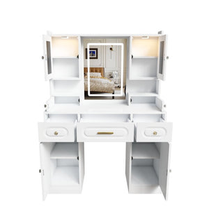 English Elm Large White Vanity Set with Lighted Mirror Six Drawers and Built-in Power Outlet W509P504747