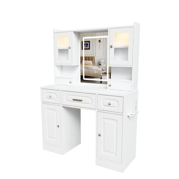 English Elm Large White Vanity Set with Lighted Mirror Six Drawers and Built-in Power Outlet W509P504747