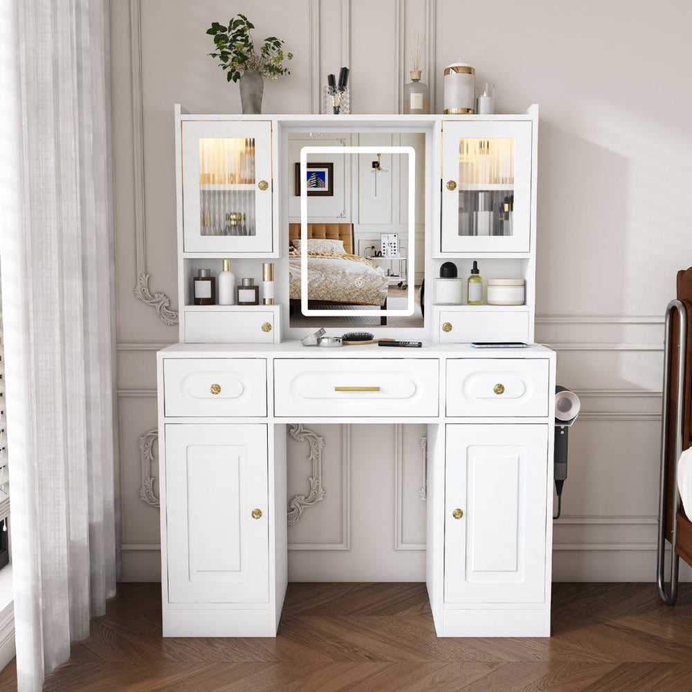 English Elm Large White Vanity Set with Lighted Mirror Six Drawers and Built-in Power Outlet W509P504747