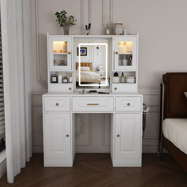 English Elm Large White Vanity Set with Lighted Mirror Six Drawers and Built-in Power Outlet W509P504747