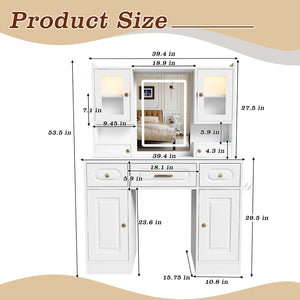 English Elm Large White Vanity Set with Lighted Mirror Six Drawers and Built-in Power Outlet W509P504747