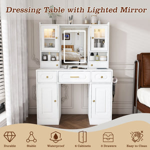 English Elm Large White Vanity Set with Lighted Mirror Six Drawers and Built-in Power Outlet W509P504747