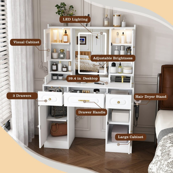 English Elm Large White Vanity Set with Lighted Mirror Six Drawers and Built-in Power Outlet W509P504747