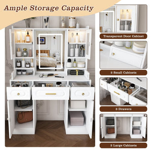 English Elm Large White Vanity Set with Lighted Mirror Six Drawers and Built-in Power Outlet W509P504747