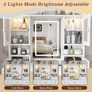 English Elm Large White Vanity Set with Lighted Mirror Six Drawers and Built-in Power Outlet W509P504747