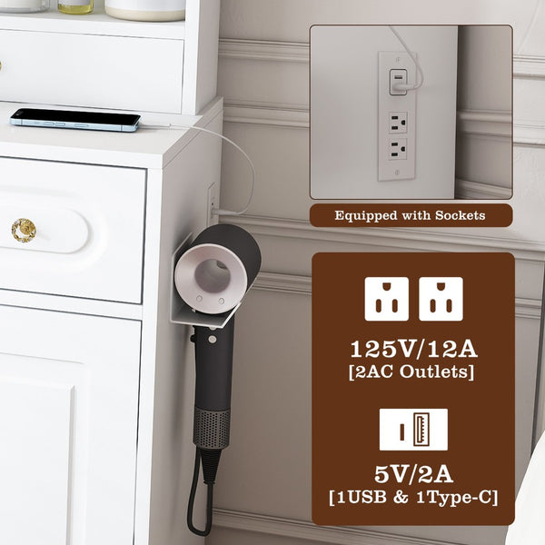 English Elm Large White Vanity Set with Lighted Mirror Six Drawers and Built-in Power Outlet W509P504747