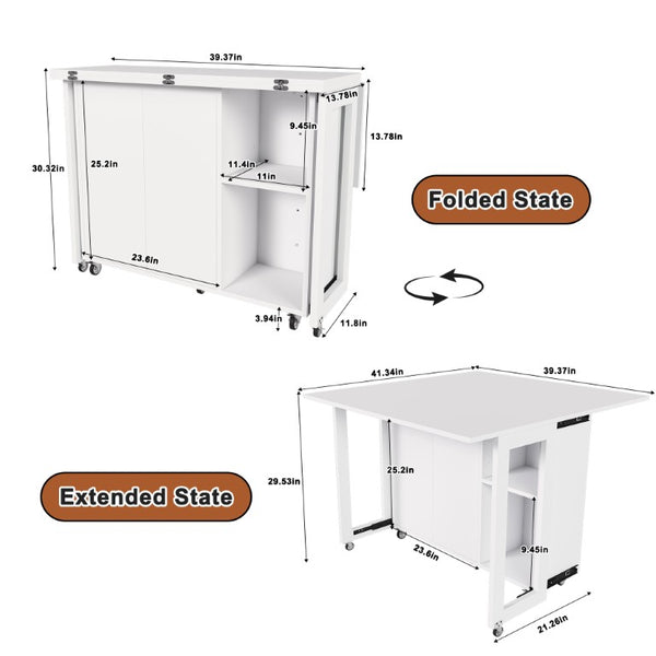 English Elm Three-In-One Folding Table with Storage Shelves Rolling Wheels for Studio Apartments W509P520517