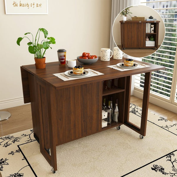 English Elm Three-In-One Folding Dining Table with Four Storage Shelves for Small Space Living W509P520518