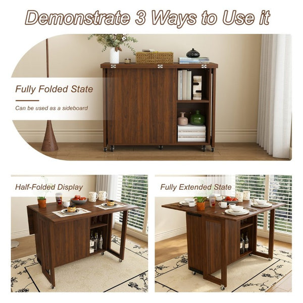 English Elm Three-In-One Folding Dining Table with Four Storage Shelves for Small Space Living W509P520518