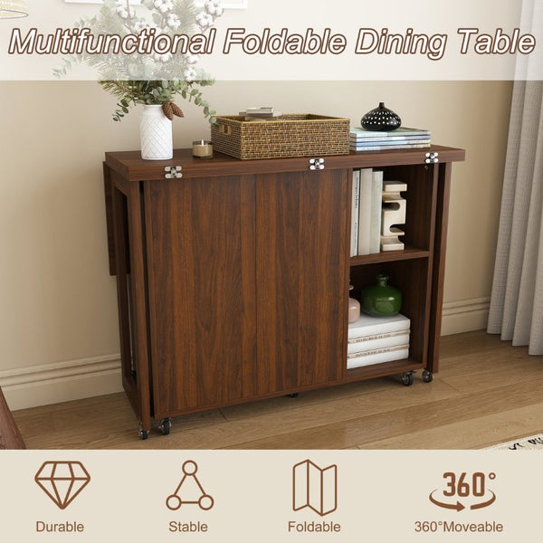 English Elm Three-In-One Folding Dining Table with Four Storage Shelves for Small Space Living W509P520518