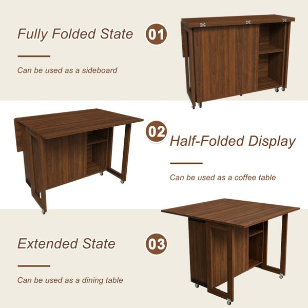 English Elm Three-In-One Folding Dining Table with Four Storage Shelves for Small Space Living W509P520518