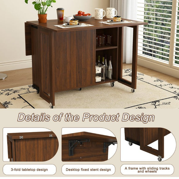 English Elm Three-In-One Folding Dining Table with Four Storage Shelves for Small Space Living W509P520518