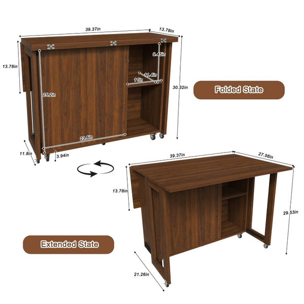 English Elm Three-In-One Folding Dining Table with Four Storage Shelves for Small Space Living W509P520518