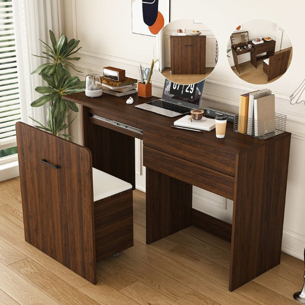 English Elm Multi-Functional Folding Vanity Desk with HD Mirror and Storage Stool for Small Spaces W509P520520