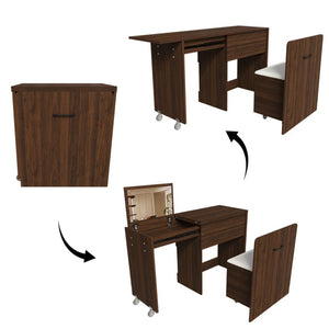 English Elm Multi-Functional Folding Vanity Desk with HD Mirror and Storage Stool for Small Spaces W509P520520