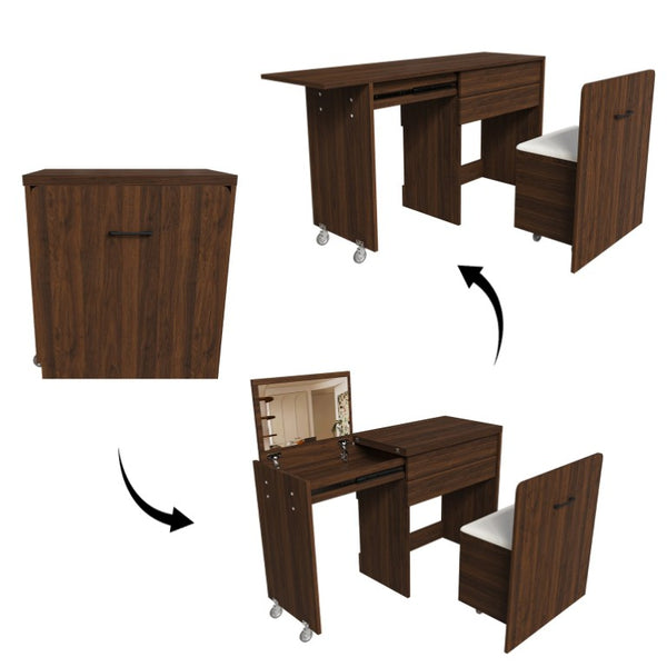 English Elm Multi-Functional Folding Vanity Desk with HD Mirror and Storage Stool for Small Spaces W509P520520