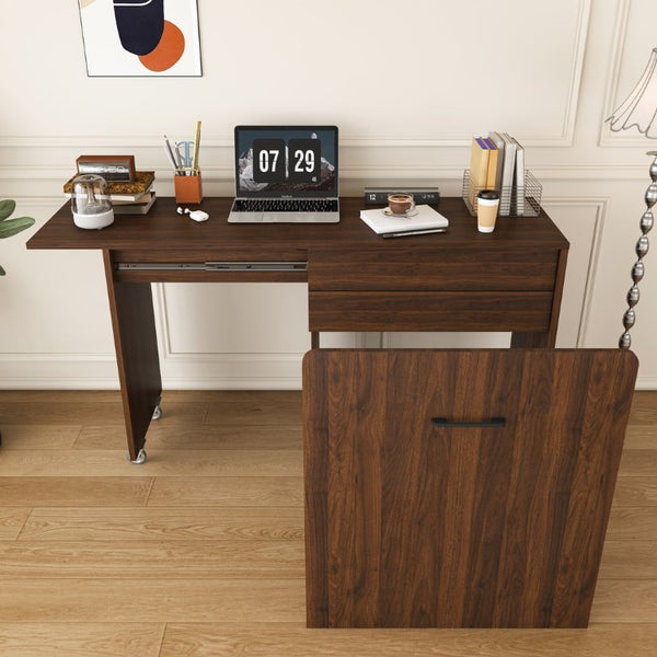 English Elm Multi-Functional Folding Vanity Desk with HD Mirror and Storage Stool for Small Spaces W509P520520