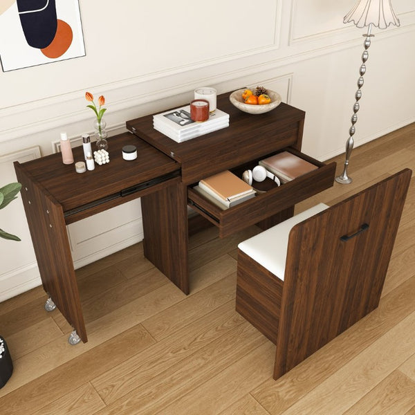 English Elm Multi-Functional Folding Vanity Desk with HD Mirror and Storage Stool for Small Spaces W509P520520