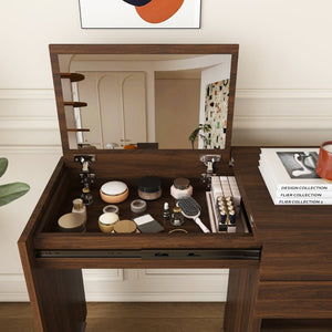 English Elm Multi-Functional Folding Vanity Desk with HD Mirror and Storage Stool for Small Spaces W509P520520