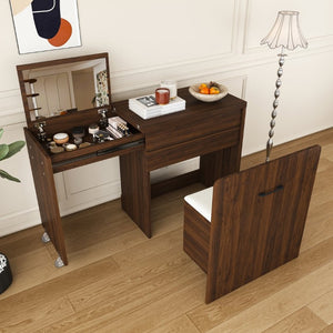 English Elm Multi-Functional Folding Vanity Desk with HD Mirror and Storage Stool for Small Spaces W509P520520