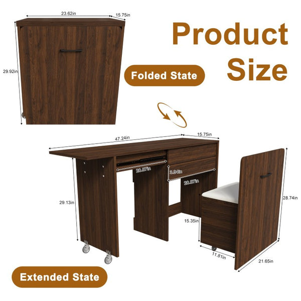 English Elm Multi-Functional Folding Vanity Desk with HD Mirror and Storage Stool for Small Spaces W509P520520