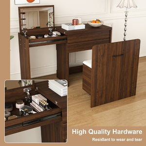 English Elm Multi-Functional Folding Vanity Desk with HD Mirror and Storage Stool for Small Spaces W509P520520