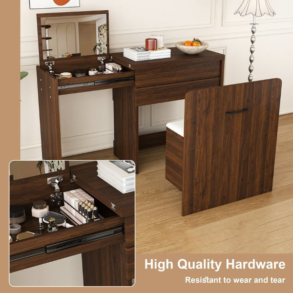 English Elm Multi-Functional Folding Vanity Desk with HD Mirror and Storage Stool for Small Spaces W509P520520