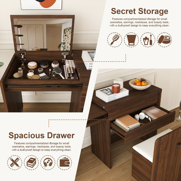 English Elm Multi-Functional Folding Vanity Desk with HD Mirror and Storage Stool for Small Spaces W509P520520