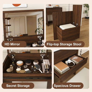 English Elm Multi-Functional Folding Vanity Desk with HD Mirror and Storage Stool for Small Spaces W509P520520