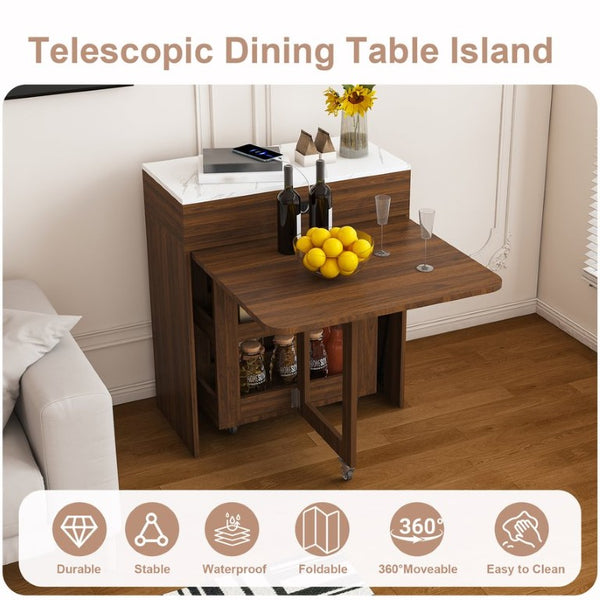 English Elm 74-Inch Extendable Kitchen Island with Marble Top Power Socket and Rolling Lockable Casters W509P520521