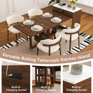 English Elm 74-Inch Extendable Kitchen Island with Marble Top Power Socket and Rolling Lockable Casters W509P520521