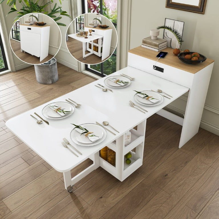 English Elm 74-Inch Extendable Kitchen Island with Marble Top Built-In Power Socket and Locking Wheels W509P520522