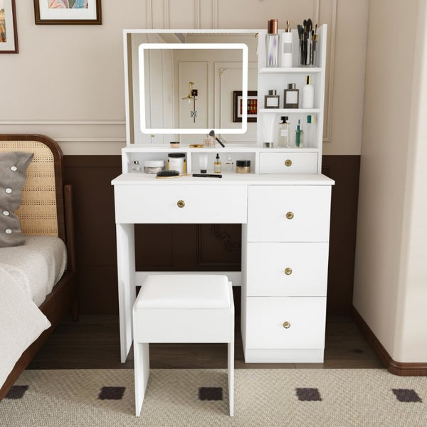 English Elm Fashion Vanity Desk with LED Mirror Five Drawers Built-In Outlet and Matching Stool White W509P523114