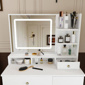 English Elm Fashion Vanity Desk with LED Mirror Five Drawers Built-In Outlet and Matching Stool White W509P523114