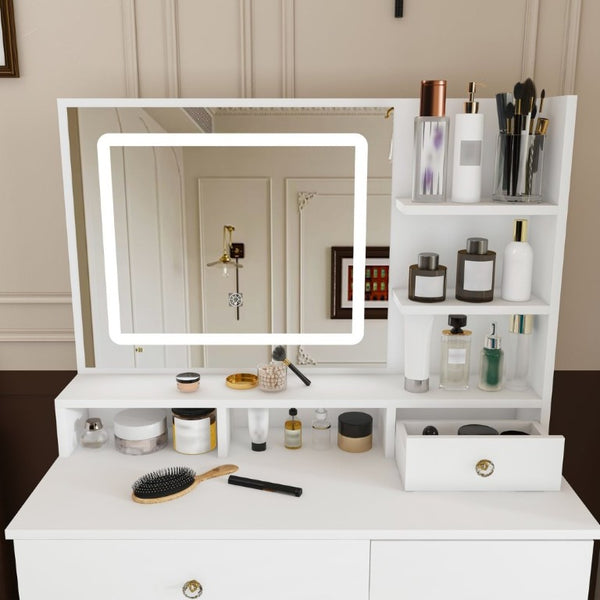 English Elm Fashion Vanity Desk with LED Mirror Five Drawers Built-In Outlet and Matching Stool White W509P523114