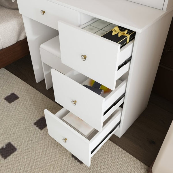 English Elm Fashion Vanity Desk with LED Mirror Five Drawers Built-In Outlet and Matching Stool White W509P523114