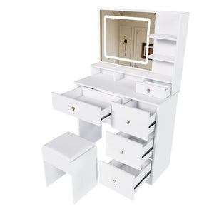 English Elm Fashion Vanity Desk with LED Mirror Five Drawers Built-In Outlet and Matching Stool White W509P523114