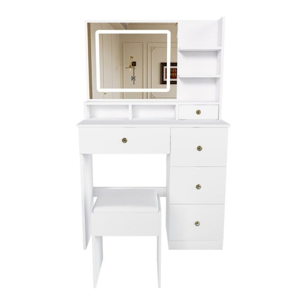 English Elm Fashion Vanity Desk with LED Mirror Five Drawers Built-In Outlet and Matching Stool White W509P523114