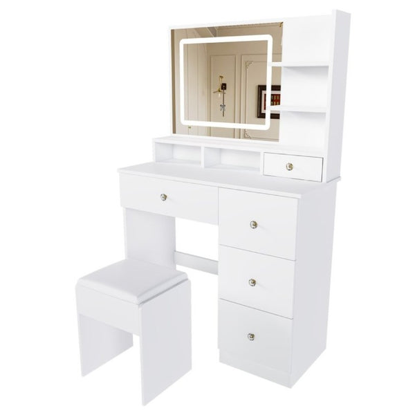 English Elm Fashion Vanity Desk with LED Mirror Five Drawers Built-In Outlet and Matching Stool White W509P523114