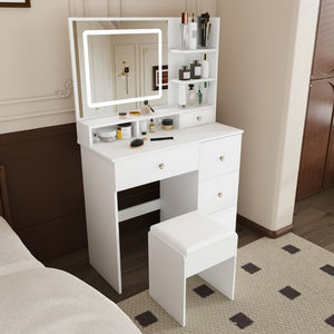 English Elm Fashion Vanity Desk with LED Mirror Five Drawers Built-In Outlet and Matching Stool White W509P523114