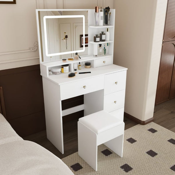 English Elm Fashion Vanity Desk with LED Mirror Five Drawers Built-In Outlet and Matching Stool White W509P523114