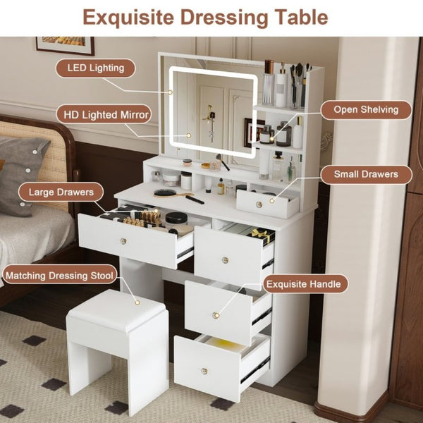 English Elm Fashion Vanity Desk with LED Mirror Five Drawers Built-In Outlet and Matching Stool White W509P523114