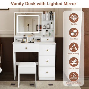 English Elm Fashion Vanity Desk with LED Mirror Five Drawers Built-In Outlet and Matching Stool White W509P523114