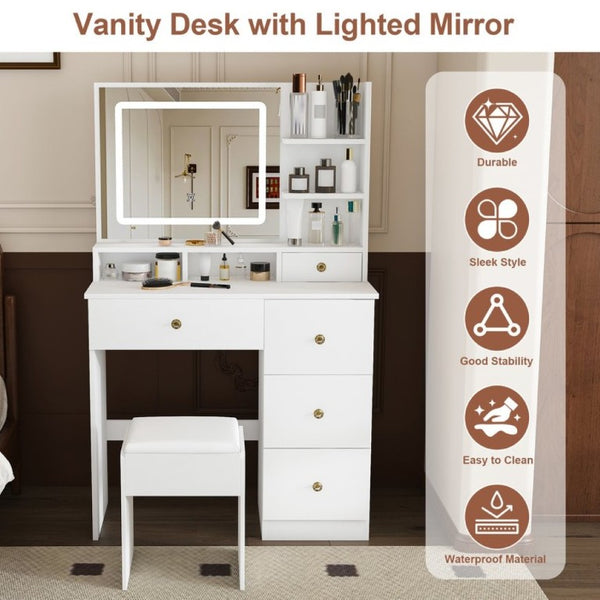 English Elm Fashion Vanity Desk with LED Mirror Five Drawers Built-In Outlet and Matching Stool White W509P523114